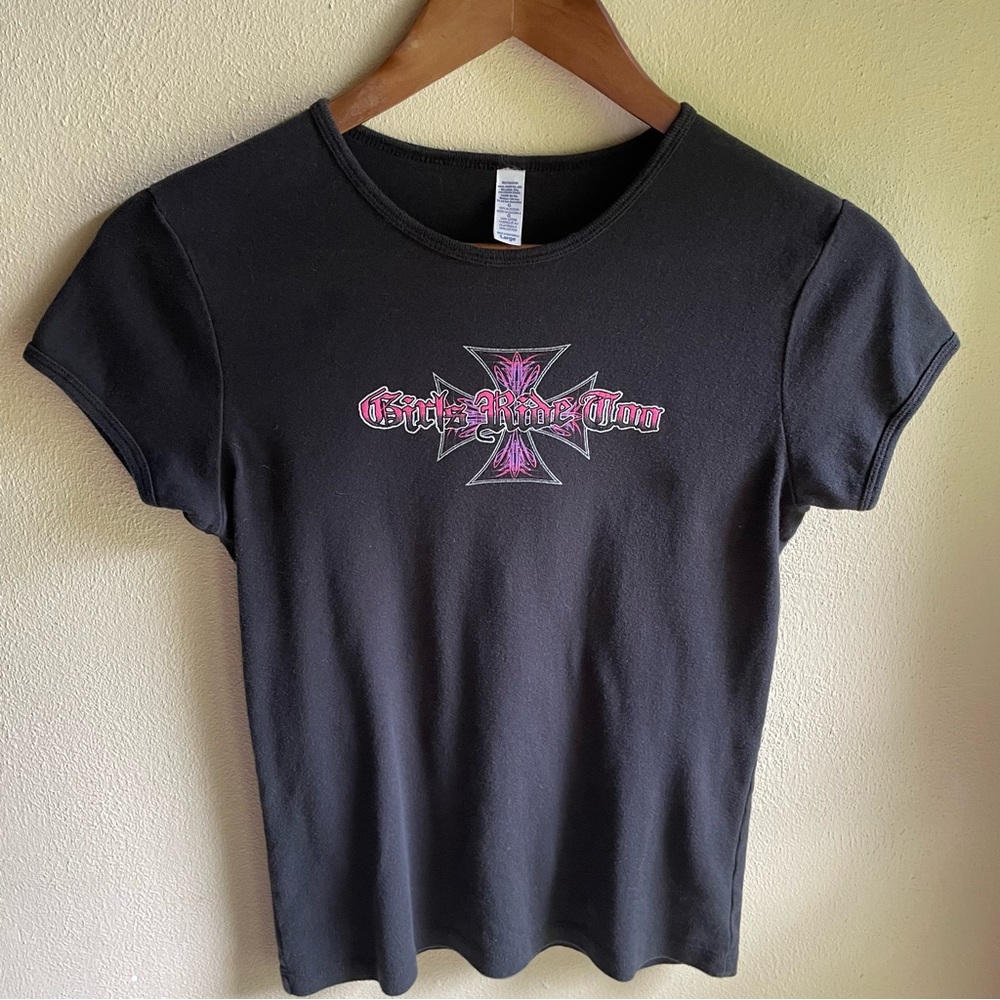 Girls Ride Too Black Cap  Sleeve Girlie Tshirt. 100% Cotton. Size Large
